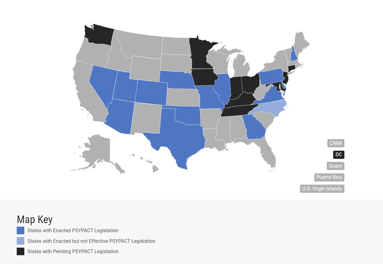 United States Map: states with enacted, enacted but not effective, and pending PSYPACT legislation